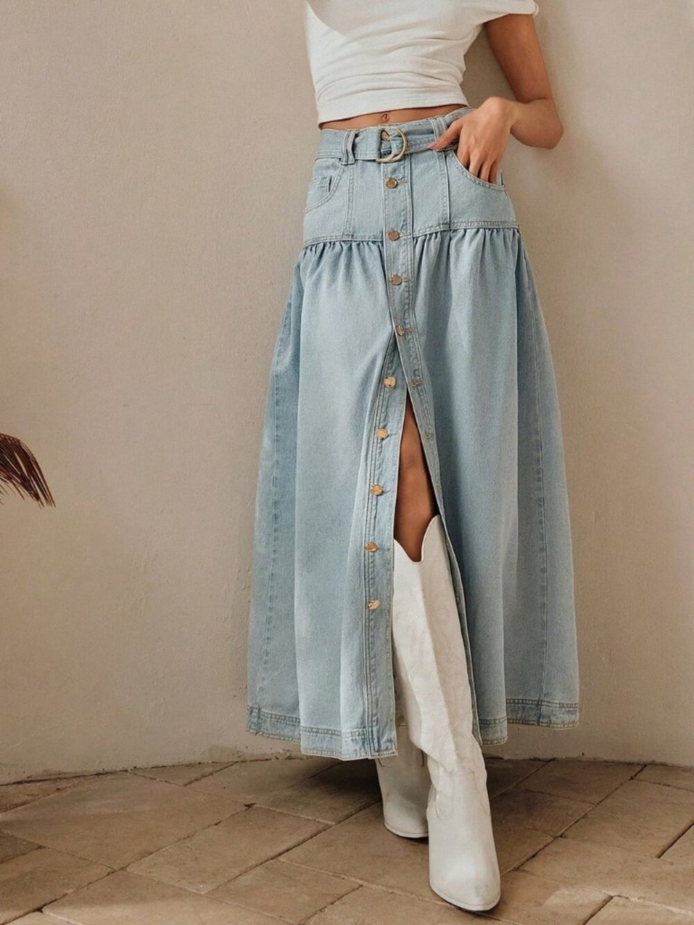 Light Wash Casual Women's Elegant Button Up Denim Waist Maxi Skirt With Belt - Picture 1 of 6